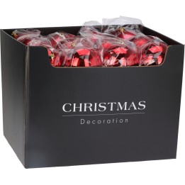 Boîte noire contenant des décorations de Noël, des boules rouges scintillantes enveloppées.