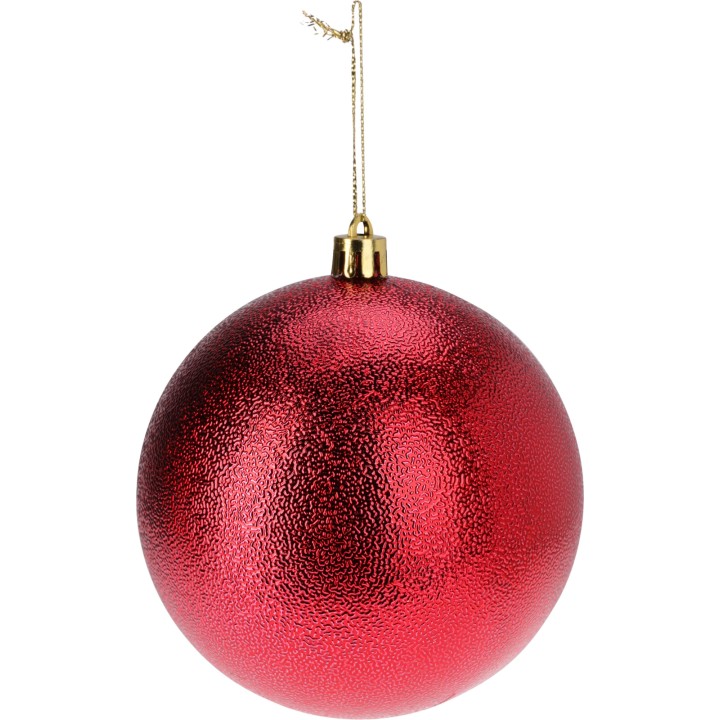 Boule de Noël rouge brillante, sphérique, avec un accroche en doré.