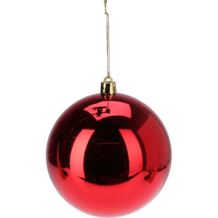 Boule de Noël rouge brillante, sphérique, avec un accroche en or.