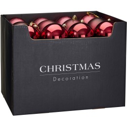 Boîte noire contenant des boules de Noël rouges brillantes, prêtes à décorer.