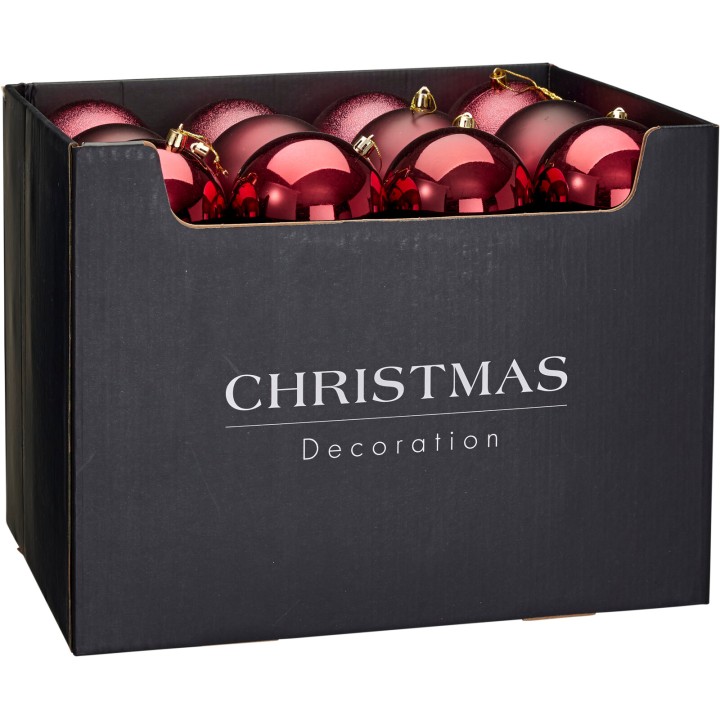 Boîte noire contenant des boules de Noël rouges brillantes, prêtes à décorer.