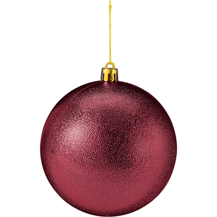 Boule de Noël rouge brillant, lisse, suspendue par une fine corde dorée.