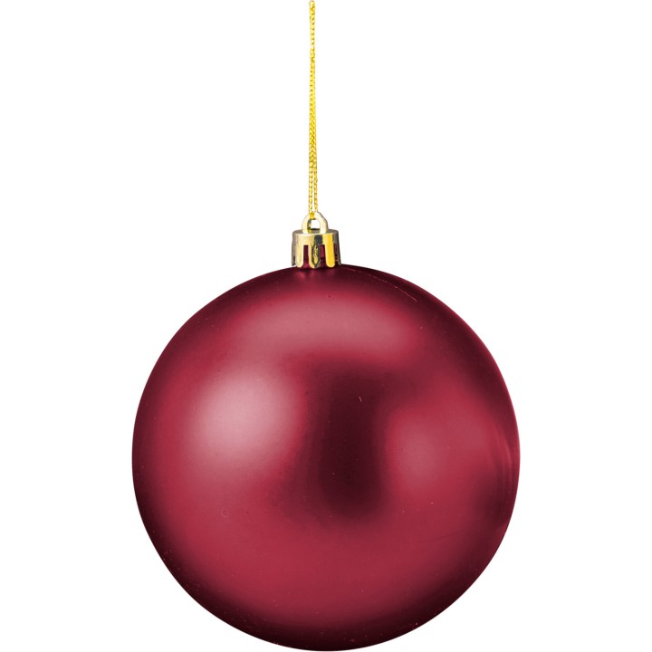 Boule de Noël rouge mate suspendue par un fil doré, simple et élégante.