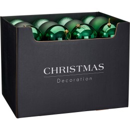Boîte noire contenant des boules vertes brillantes pour la décoration de Noël.