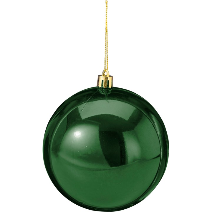 Boule de Noël verte brillante suspendue par un fil doré.