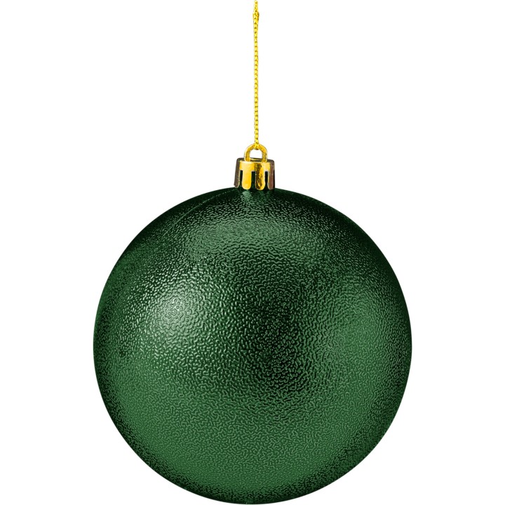 Boule de Noël verte brillante, sphérique, texturée, suspendue par un fil doré.