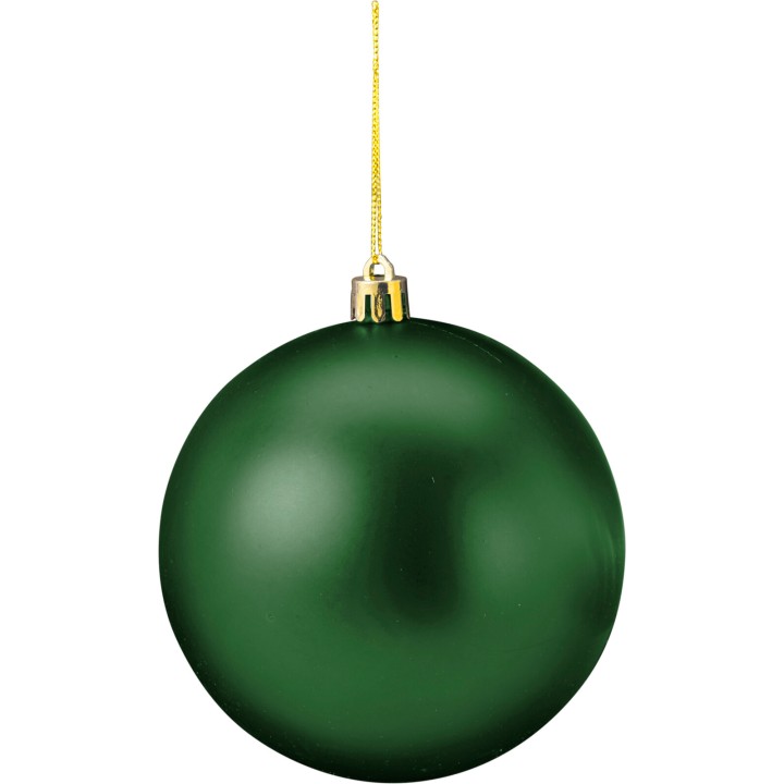 Boule de Noël verte, lisse, brillante, suspendue par un fil doré.