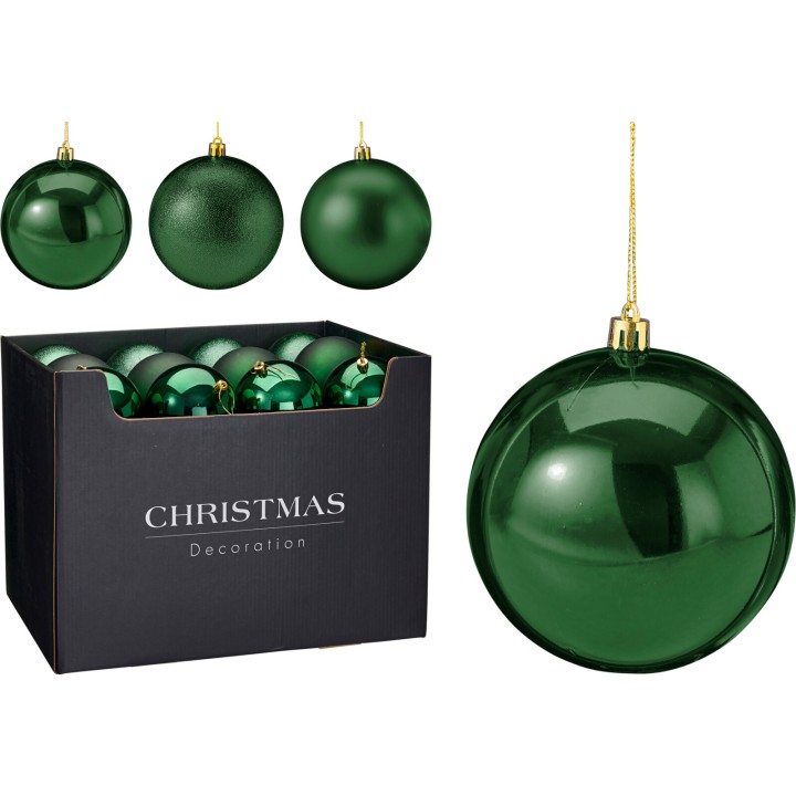 Boules de Noël vertes brillantes, diverses textures, présentées dans une boîte noire élégante.