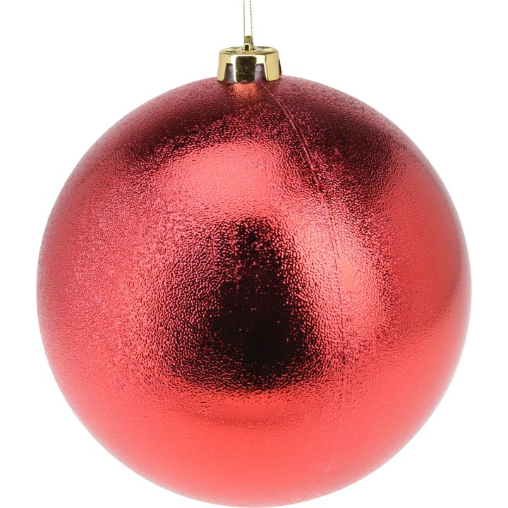 Boule de Noël rouge brillante, sphérique, avec un accroche en métal doré.