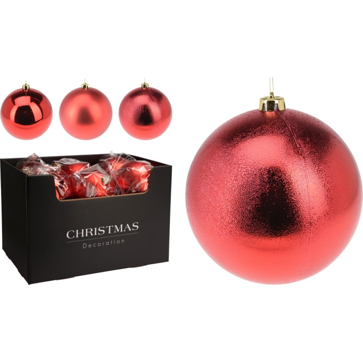 Boules de Noël rouges brillantes, éclatantes, présentées dans une boîte élégante.