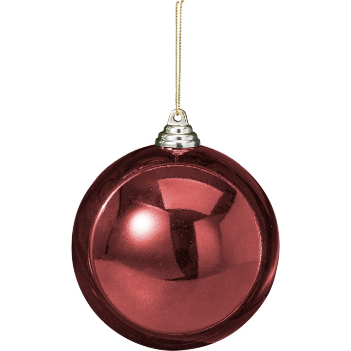 Boule de Noël rouge brillante suspendue, avec un reflet lumineux et un support argenté.