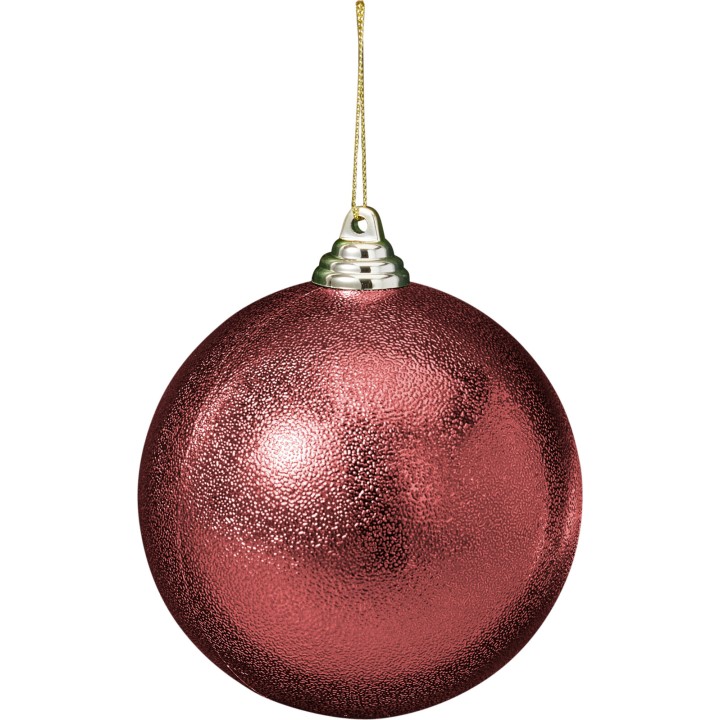 Boule de Noël rouge brillante, lisse, suspendue par un fil doré.