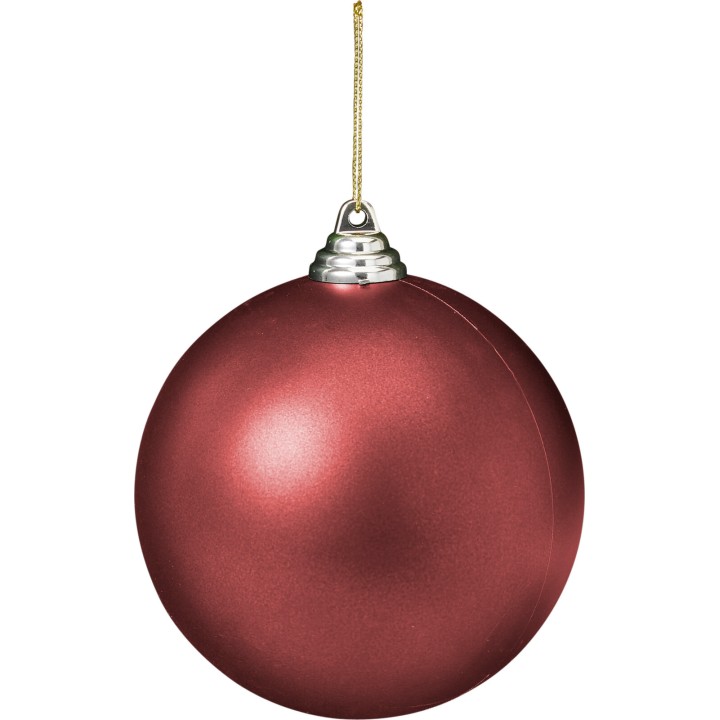 Boule de Noël rouge brillante, suspendue par un fil doré, avec un sommet argenté.