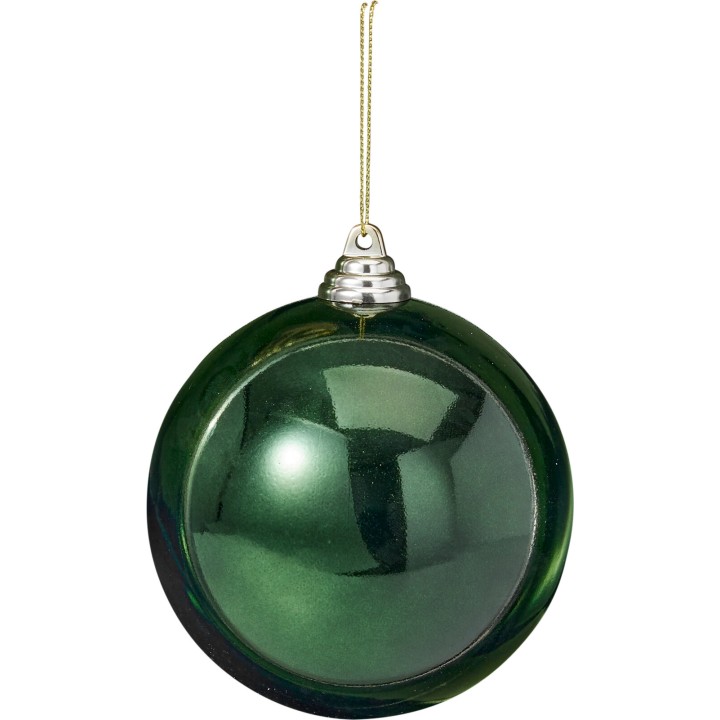 Boule de Noël verte brillante, sphérique, avec un léger reflet et un accroche doré.