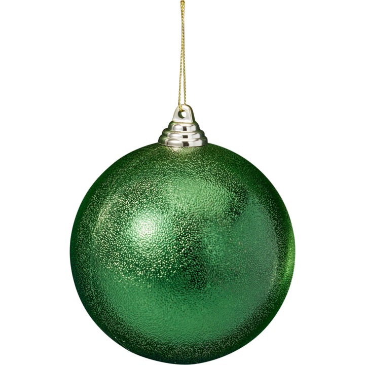 Boule de Noël verte brillante, sphérique, suspendue par un fil doré.