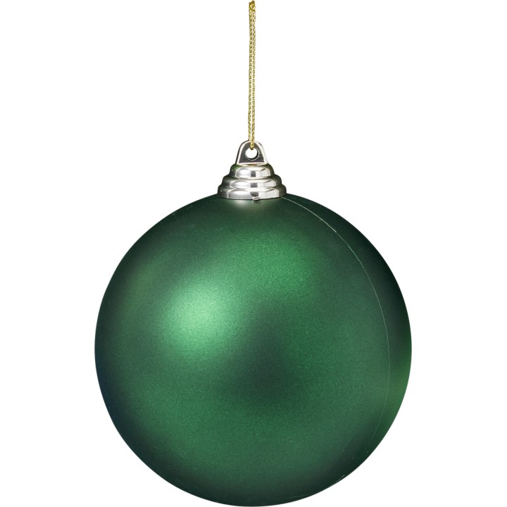 Boule de Noël verte, brillante, suspendue par un fil doré.