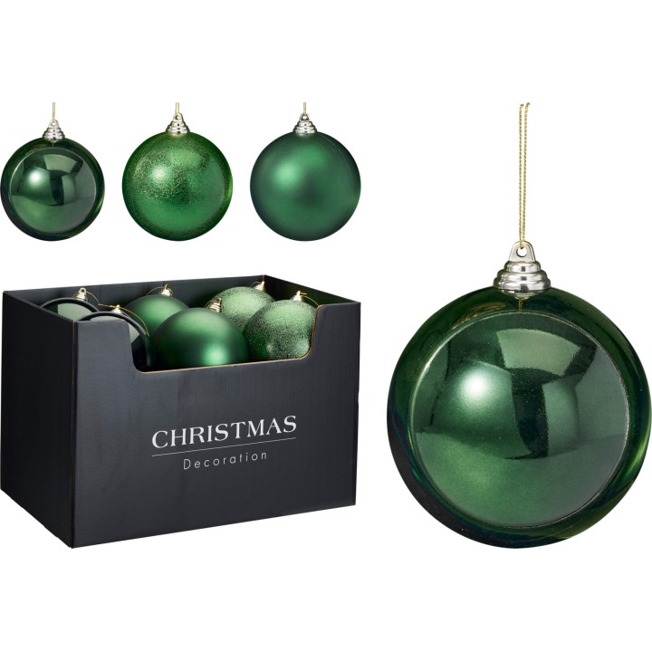 Boules de Noël vertes brillantes, variées en textures, dans une boîte élégante.