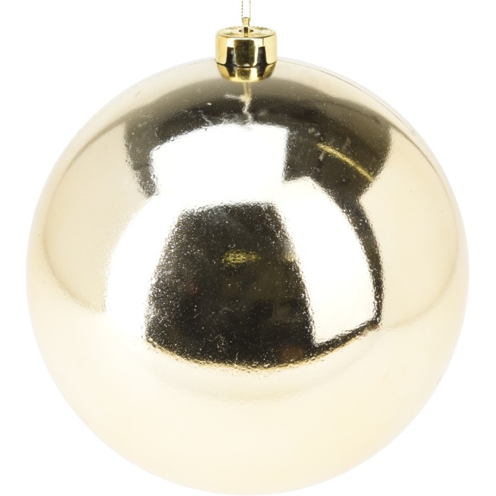 Boule brillante dorée, surface lisse et réfléchissante, suspendue par un petit crochet.