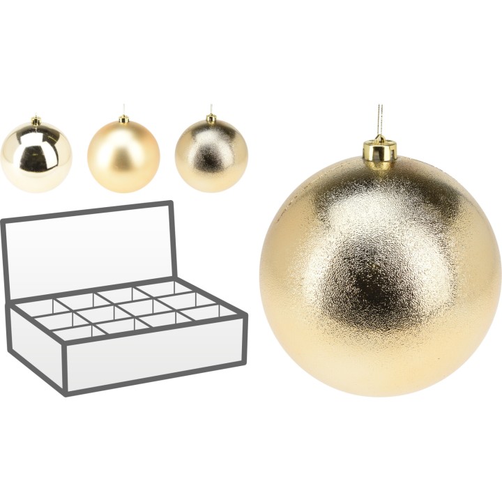 Boules de Noël dorées brillantes, accompagnées d'une boîte blanche à compartiments.
