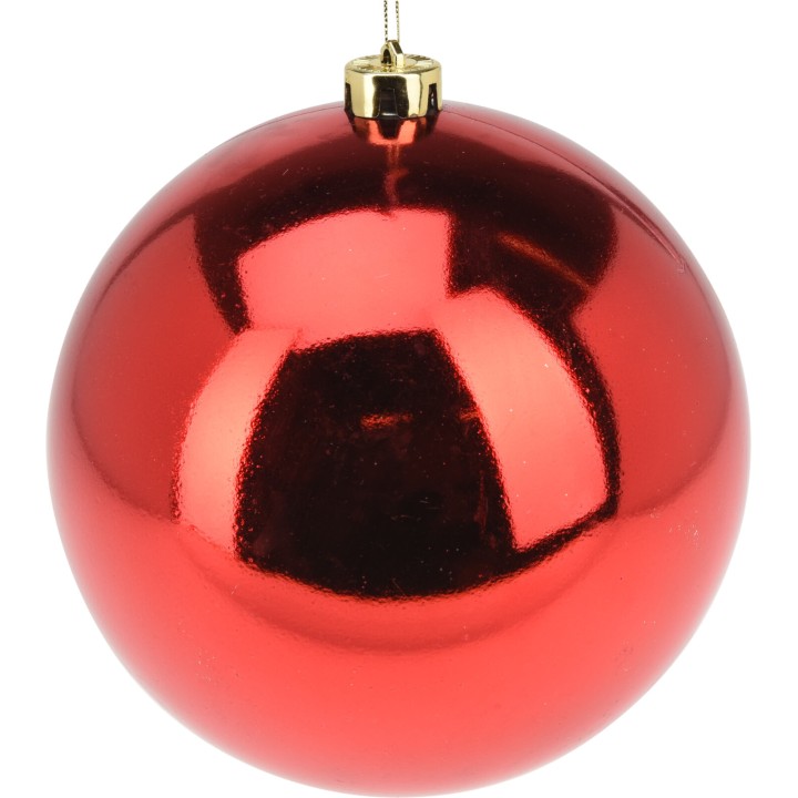 Boule de Noël rouge brillante avec une finition lisse et un crochet doré.
