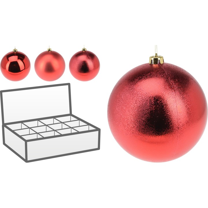 Boules de Noël rouges brillantes, avec une boîte de rangement stylisée en arrière-plan.