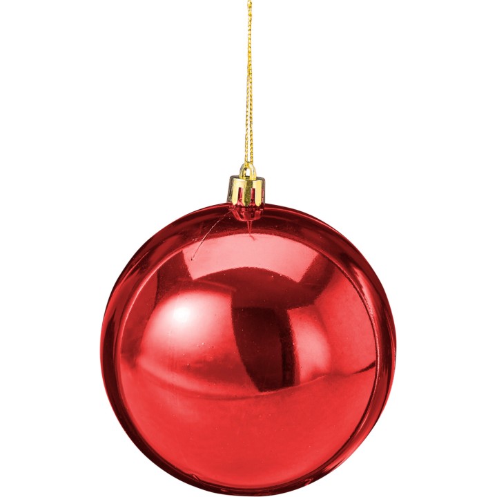 Boule brillante rouge suspendue, reflet doré, décor festive et joyeuse.