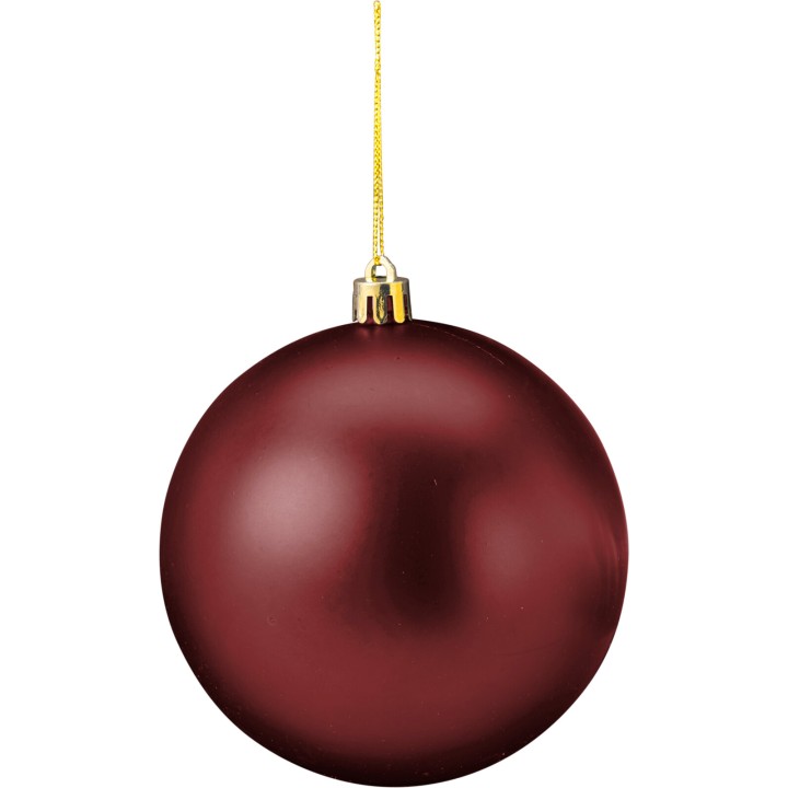 Boule de Noël rouge mat suspendue par un fil doré.