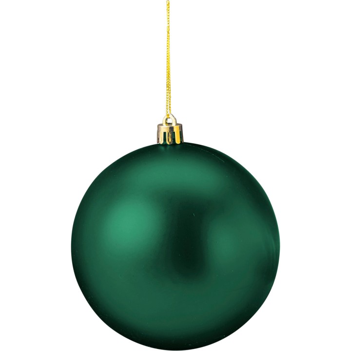 Boule de Noël verte, mate, suspendue par un fil doré.