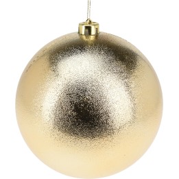 Boule brillante dorée, lisse, avec un éclat métallique et un accroche pour decoration.