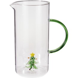 Carafe transparente avec anse verte, contenant un sapin décoratif en verre.