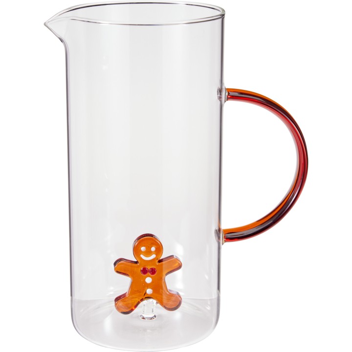 Carafe transparente avec anse colorée et figurine en bonhomme de pain d'épices.