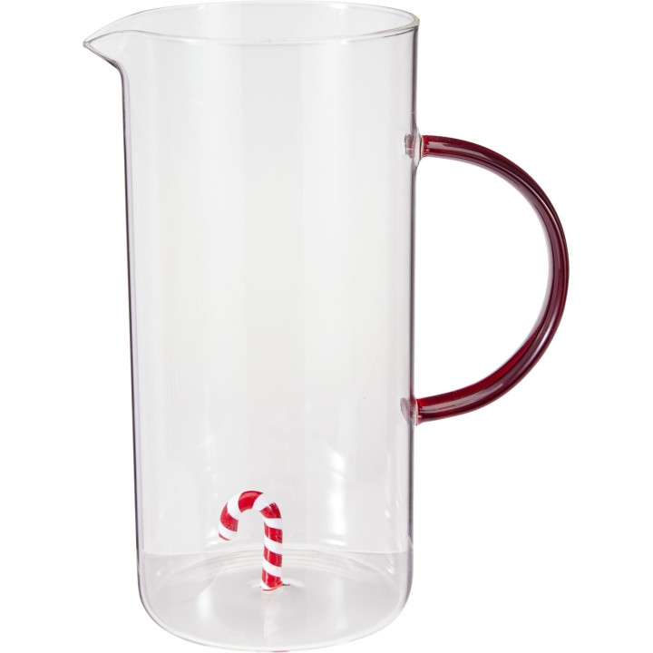 Carafe transparente avec une poignée rouge et une paille rayée à l'intérieur.