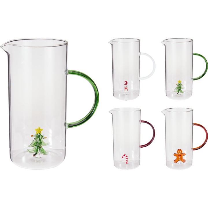Carafes en verre transparent, motifs festifs colorés, poignées vertes et rouges.