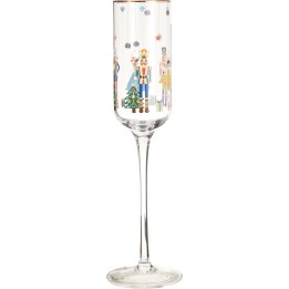 Flûte en verre ornée de motifs festifs, couleurs vives et personnages de Noël.