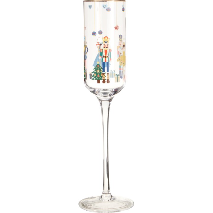 Flûte en verre ornée de motifs festifs, couleurs vives et personnages de Noël.