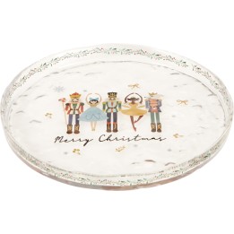 Assiette ronde transparente décorée de figurines de Noël et d'inscriptions festives.