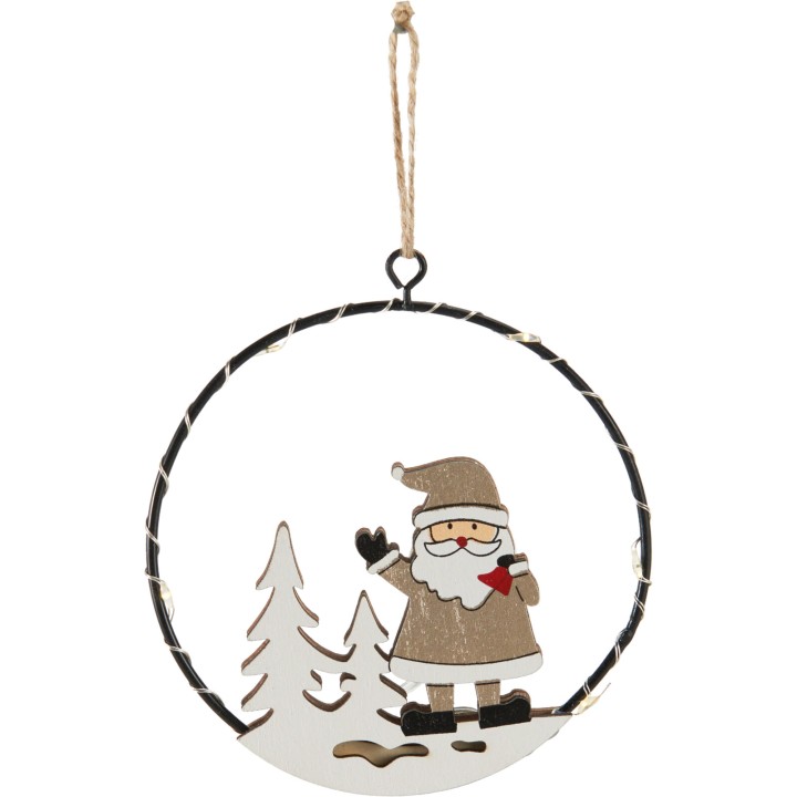 Décorations hivernales avec un bonhomme de neige et des sapins, en métal coloré.