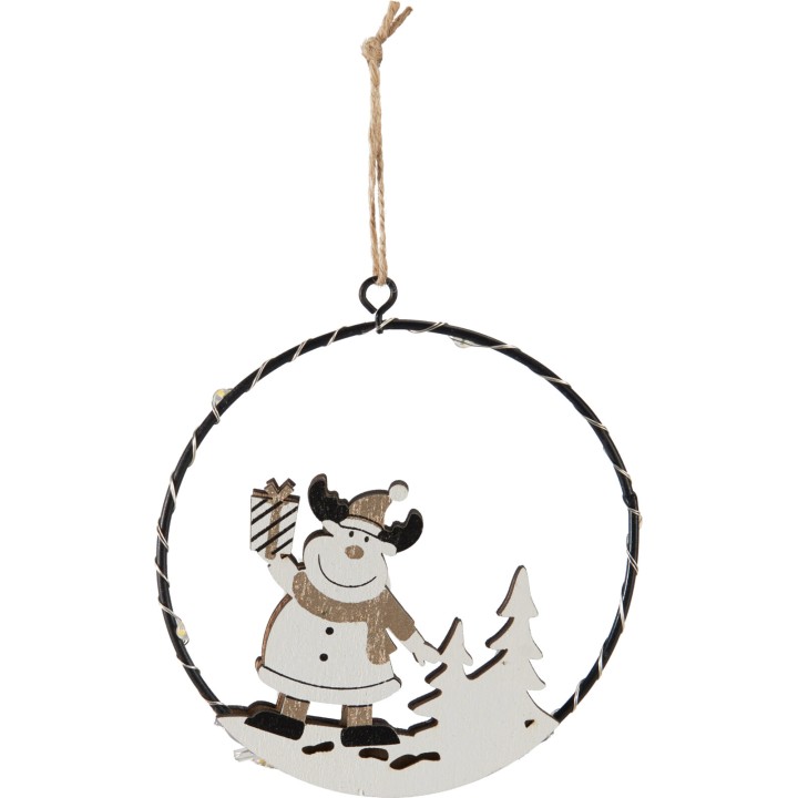 Décoratif, un bonhomme de neige souriant tient un cadeau près d'un sapin dans un cercle noir.