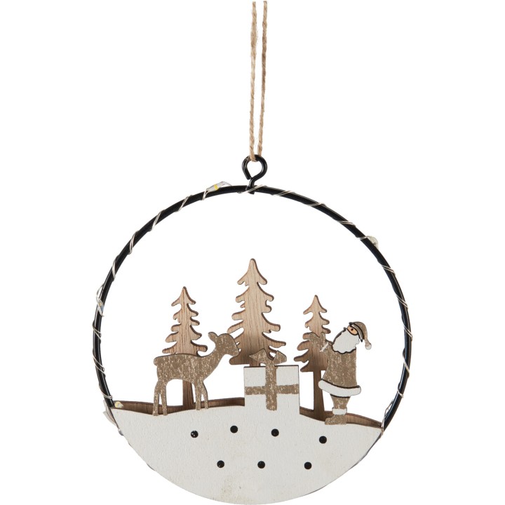 Décor en métal représentant un renne, un sapin et un père Noël dans un cercle.