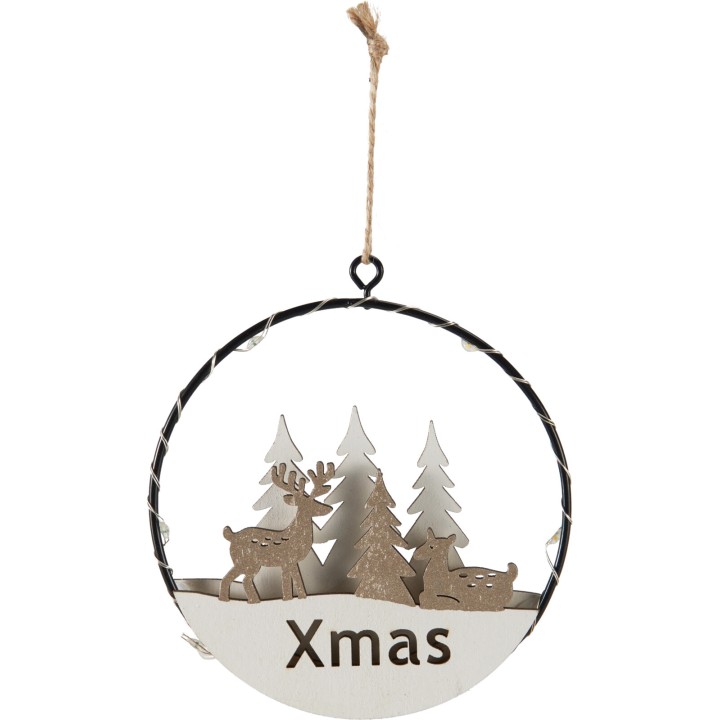 Suspension ronde en métal, décor bois, renne et sapins, ambiance festive de Noël.
