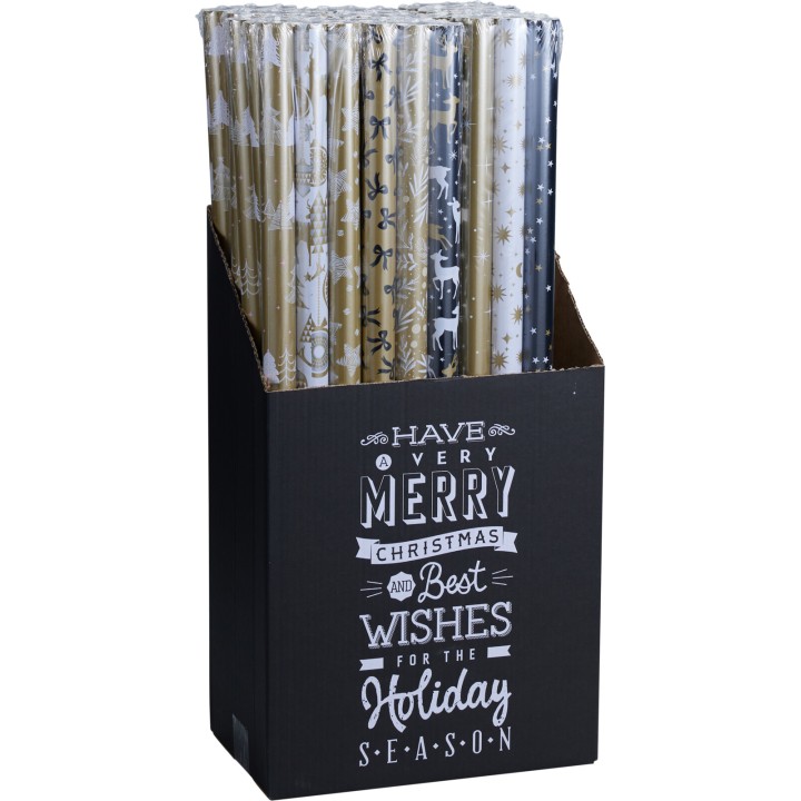 Rouleaux de papier cadeau aux motifs festifs dans un présentoir noir élégant.