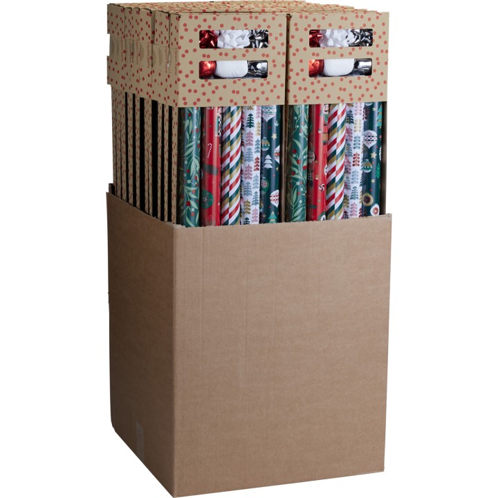 Boîte en carton contenant plusieurs rouleaux de papier cadeau colorés et festifs.