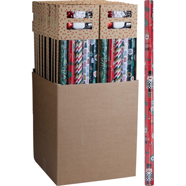 Boîte en carton remplie de rouleaux de papier cadeau colorés et festifs.