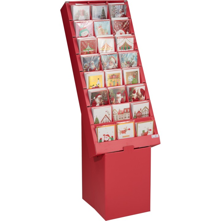 Support rouge incliné présentant des cartes de vœux festives aux motifs variés.