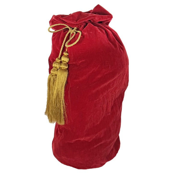 Sac en velours rouge avec cordon doré et pampilles, élégant et luxueux.