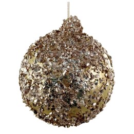 Boule scintillante dorée, recouverte de paillettes brillantes et irrégulières.