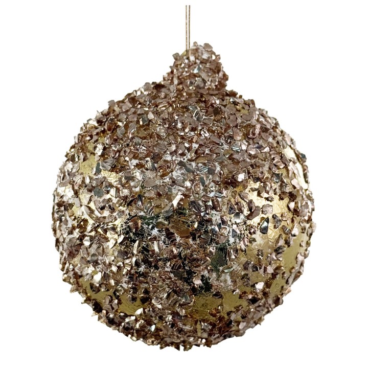 Boule scintillante dorée, recouverte de paillettes brillantes et irrégulières.