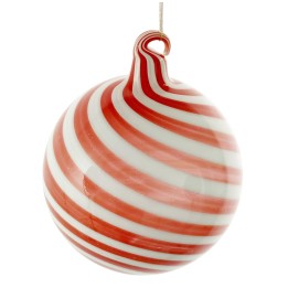 Boule brillante aux spirales rouges et blanches, festive et élégante.