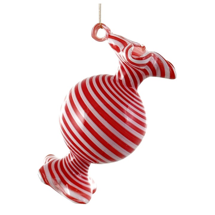 Bonbon en verre coloré, rouge et blanc, avec des rayures festives et une forme stylisée.