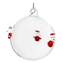 Boule transparente ornée de petits personnages de Noël en rouge et blanc.